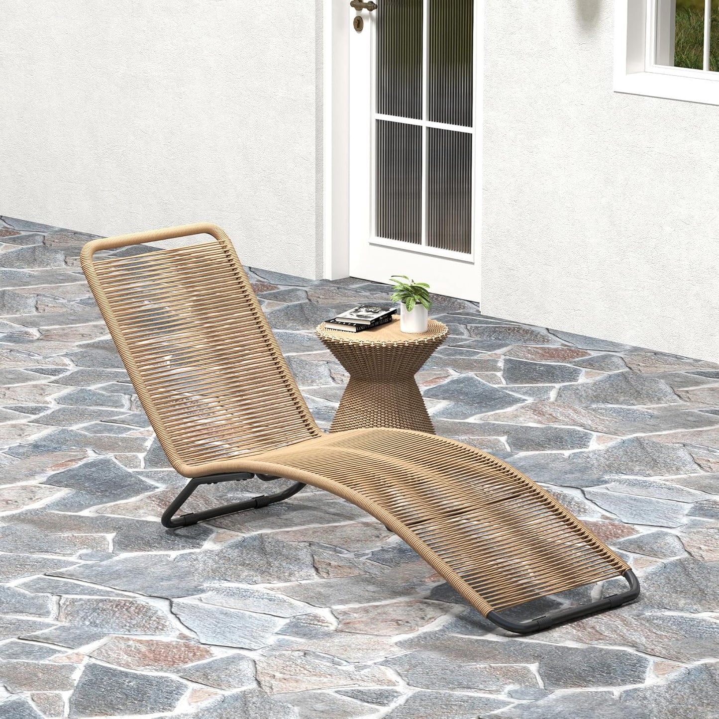 Ligbed – Ligstoel – Zonnebed – Relaxstoel – Loungestoel – Polyrotan – Stalen Frame – 120 kg Belastbaar – Natuurlijk Houtlook