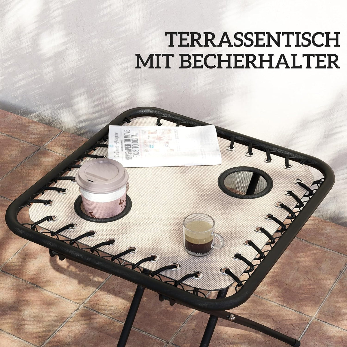 Opvouwbare Ligstoelenset – Ligstoel – Relaxstoel – Tuinstoel – Balkonstoel – Weerbestendig Metalen Frame – 5-Standen Verstelbare Rugleuning – Inclusief Tafel Met Bekerhouders – Beige