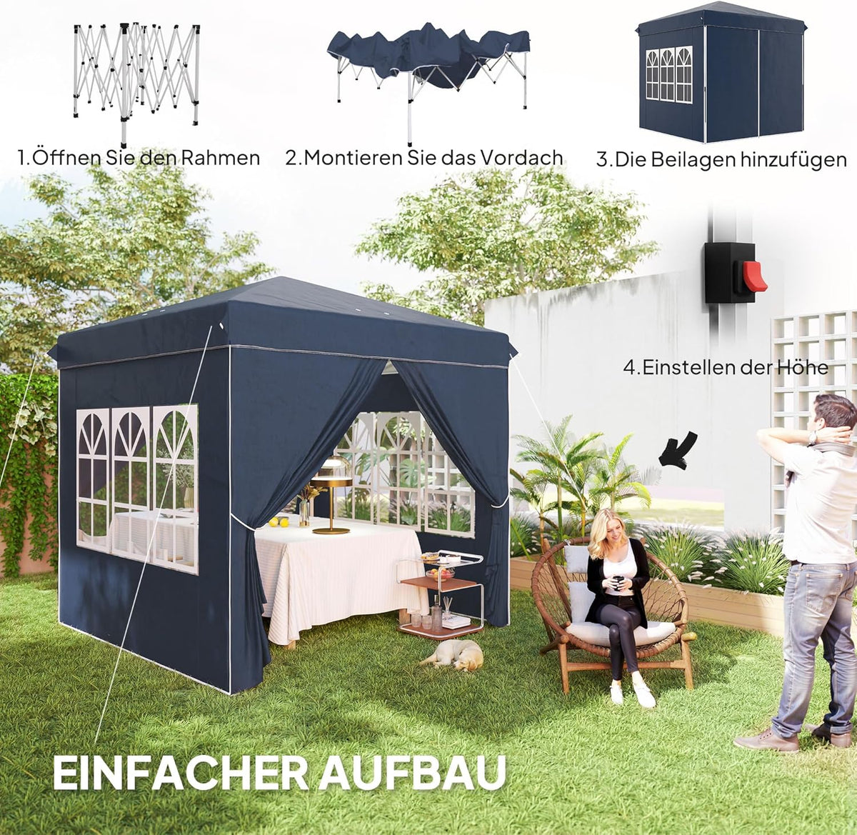 Paviljoen – Partytent – Gazebo – Tuinpaviljoen – Prieel – Opvouwbaar – Waterafstotend – UV-bescherming 50+ – 2,5x2,5 meter – Met 4 zijwanden – Donkerblauw
