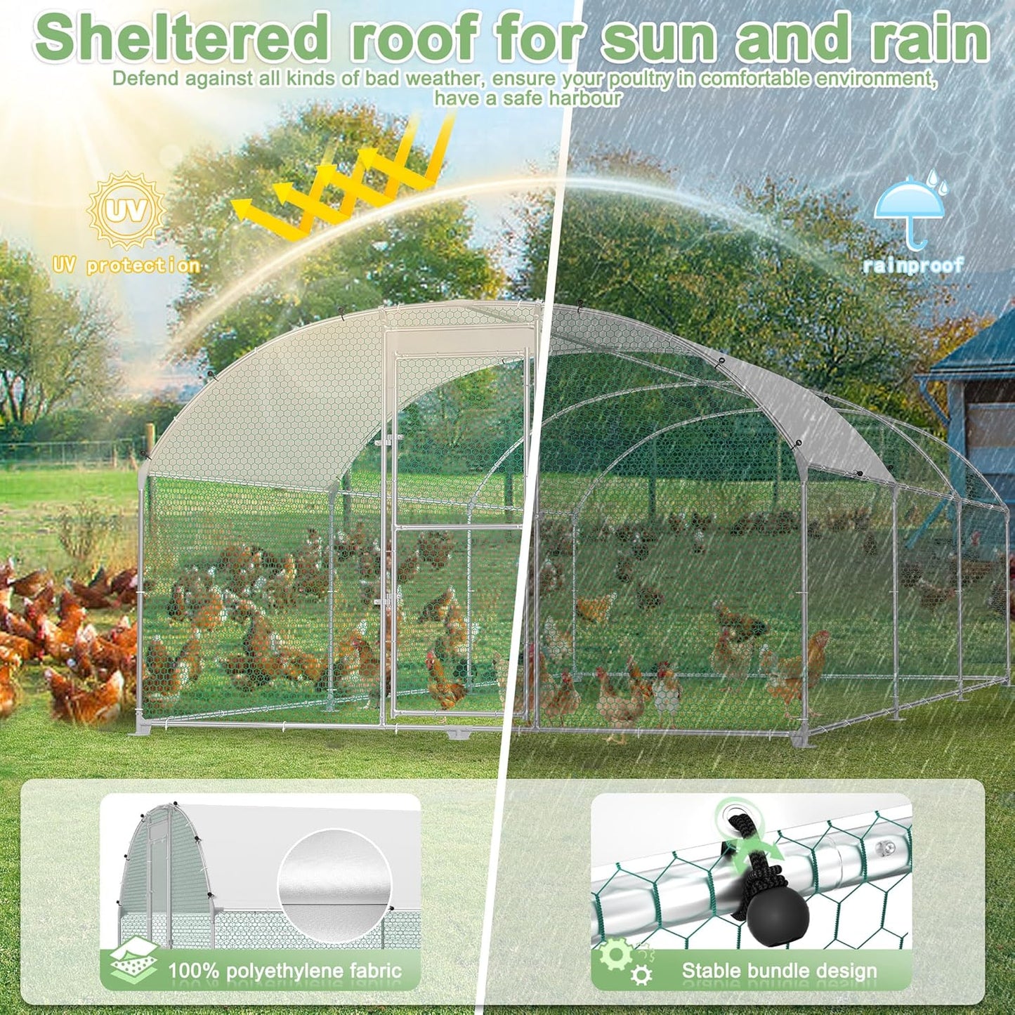 Chicken Coop, Metal Enclosure, Poultry House, Small Animals, Galvanized Steel Frame with PE Roof, Arch Mount, 3 x 4 m - QUORE