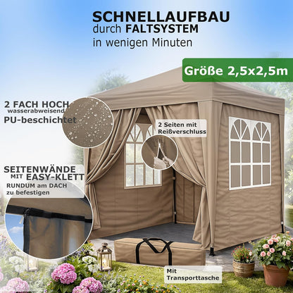 QUICK STAR pop-up paviljoen, 2,5 x 2,5 m, beige met 4 Easy-klittenband zijwanden met 2 ritsen vouwpaviljoen