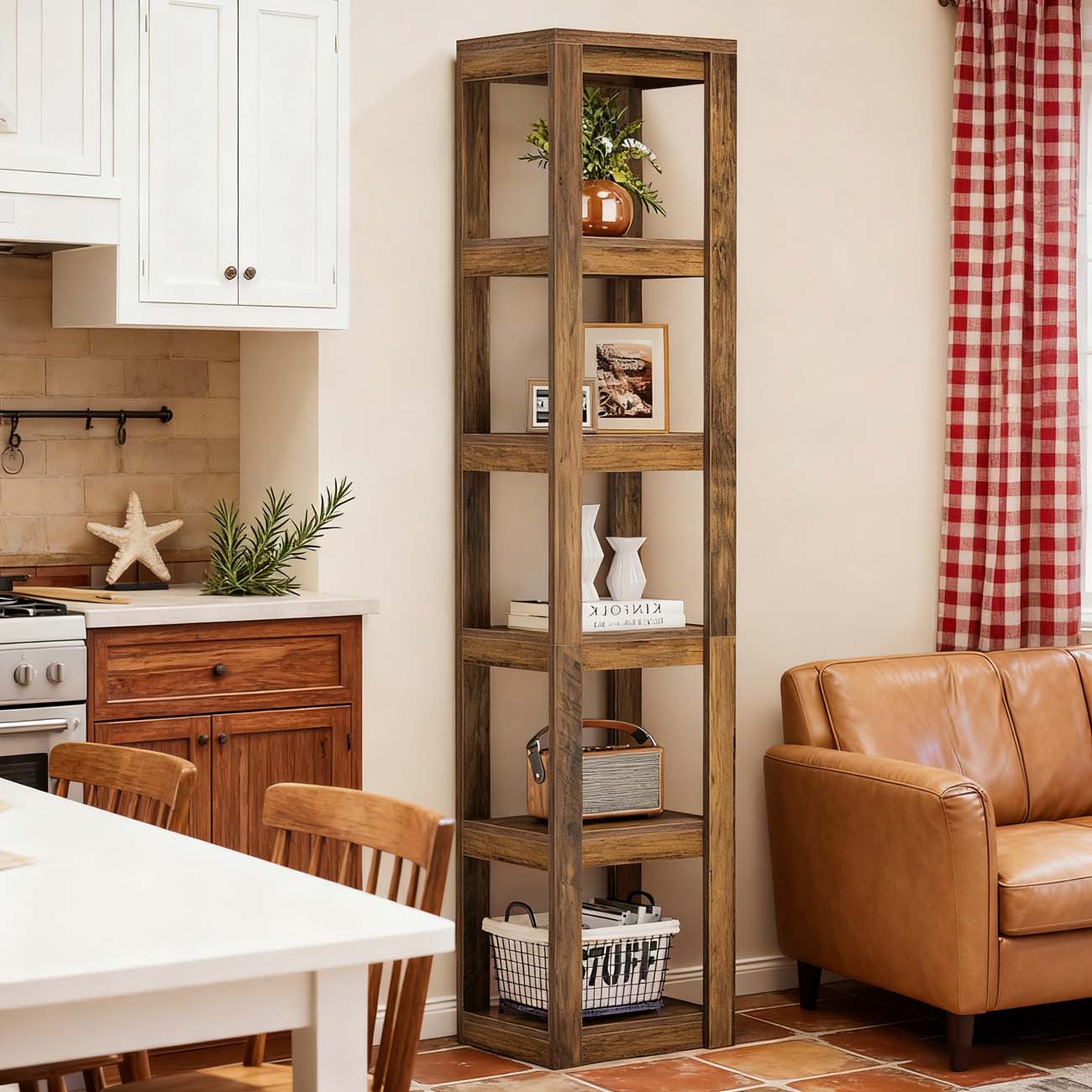 Boekenkast – Boekenrek – Opbergrek – Wandrek – Vakkenkast – 180 cm Hoog – Smal Hoekontwerp – Anti-Kantelbeveiliging – Rustiek Bruin E1 Spaanplaat – 6-Lagen Vrijstaand – Eenvoudige Montage