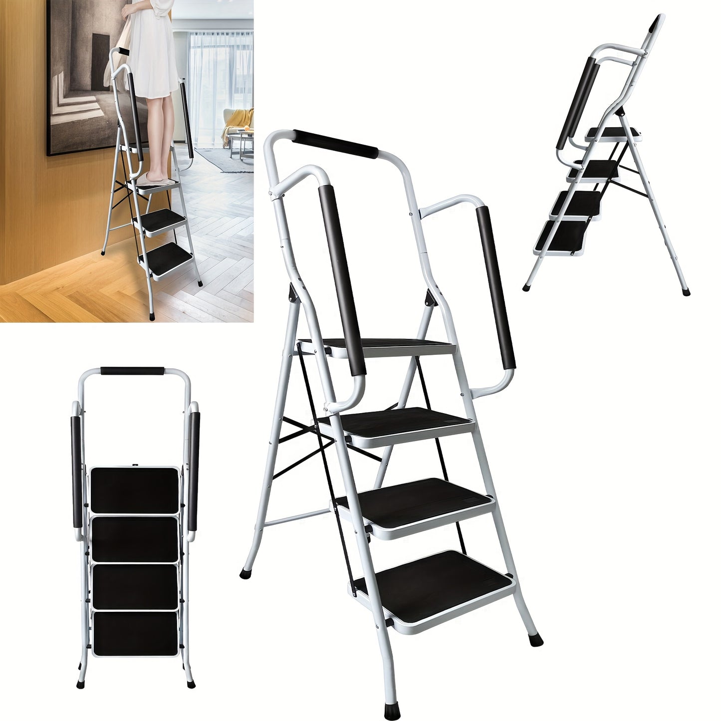 Vouwladder – Trap – Opstapje – Huishoudtrap – Inklapbare Ladder – 4 Treden – Stalen Handrail – Antislip Rubber – Max 150 kg Belastbaar