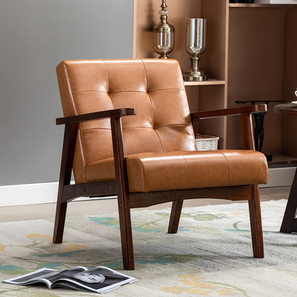 Fauteuil – Relaxstoel – Loungefauteuil – Leunstoel – Draaifauteuil – Mid-Century Modern – Kunstleer – Massief Houten Frame – Ergonomische Armleuningen – Comfortabele Schuimvulling – Karamelbruin Wafelpatroon