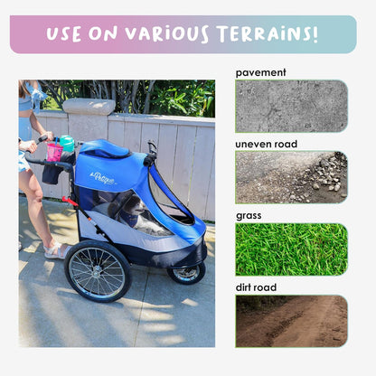 Petique Trailblazer Jogger, hondenwagen voor middelgrote huisdieren, geventileerde huisdierstep voor katten en honden, blauw