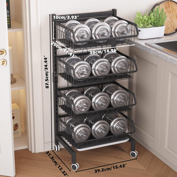 Groenterek - Keukenwagen - Stapelbare Fruitmand - Opbergwagen - met Afsluitbare Wielen - voor Badkamer - Keuken - Kantoor - Koolstofstaal - 39.2 x 31.3 x 87.5 cm - Zwart