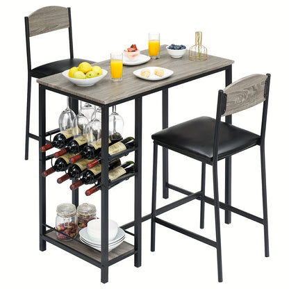 Bar Table Set – Bartafel – Bistroset – Koffietafel – Drinktafel – Industrieel Design – Inclusief 2 Barkrukken – 2-Tier Wijnrek Met Glashouder – Grijs
