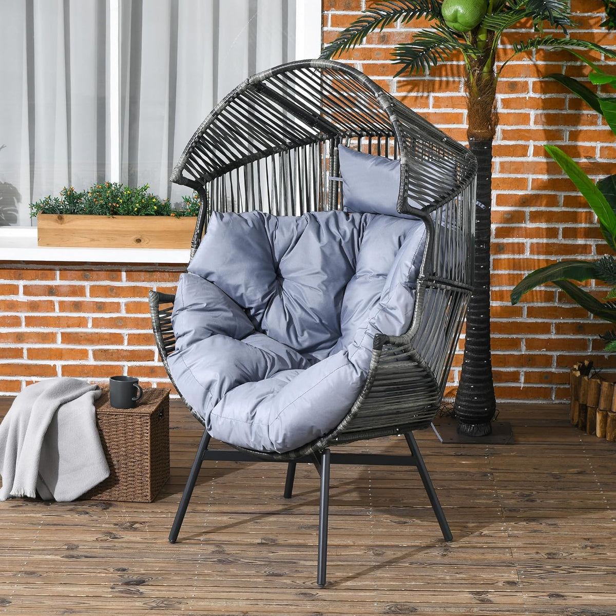 Outsunny Rattansessel, Rattan Korbsessel mit dickem Sitzkissen, Gartensessel in Eiform, 120 kg load bar, für Terrasse, Garten, Grau