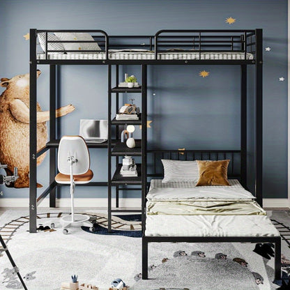 Stapelbed – Etagebed – Kinderbed – Hoogslaper – Kinderstapelbed – Met Bureau en Opbergruimte – Metalen Frame – 90x200 cm – Veiligheidshekken – Ladder – Zwart