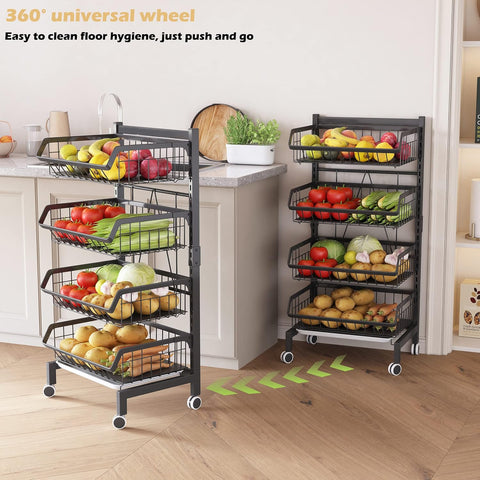 Groenterek - Keukenwagen - Stapelbare Fruitmand - Opbergwagen - met Afsluitbare Wielen - voor Badkamer - Keuken - Kantoor - Koolstofstaal - 39.2 x 31.3 x 87.5 cm - Zwart