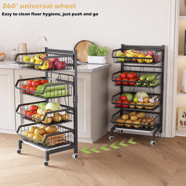 Groenterek - Keukenwagen - Stapelbare Fruitmand - Opbergwagen - met Afsluitbare Wielen - voor Badkamer - Keuken - Kantoor - Koolstofstaal - 39.2 x 31.3 x 87.5 cm - Zwart