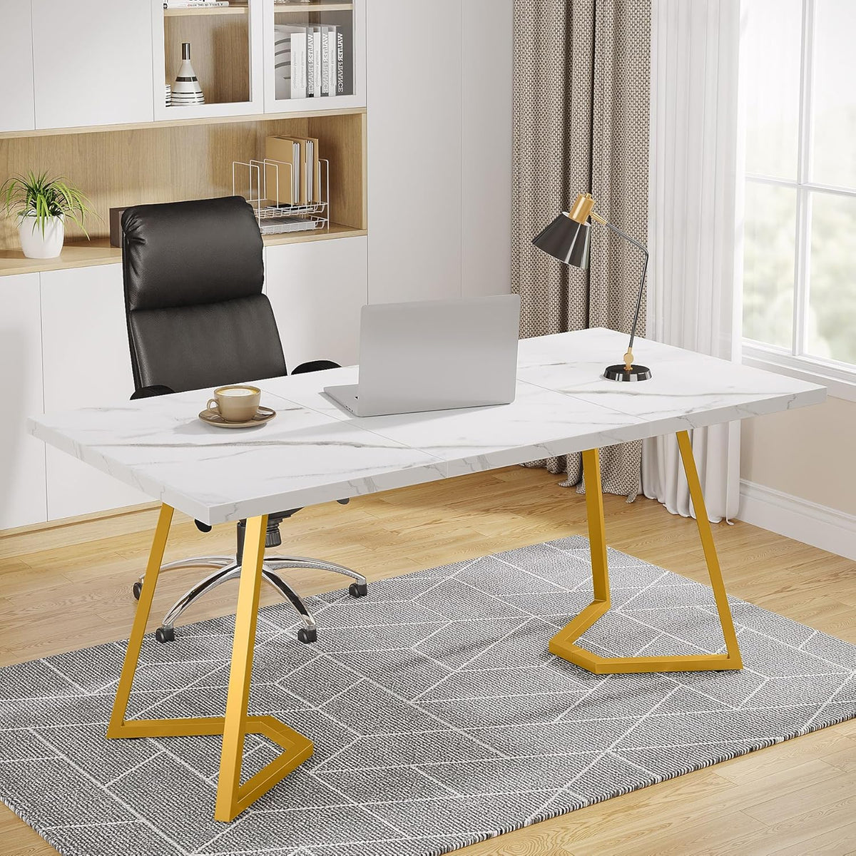 Tribesigns Desk, Computer Table, 140 x 80 cm, PC Table, Work Table, Dining Table, Office Furniture, Computer Table, Conference Table for Home Office, Home, Desk, White and Gold