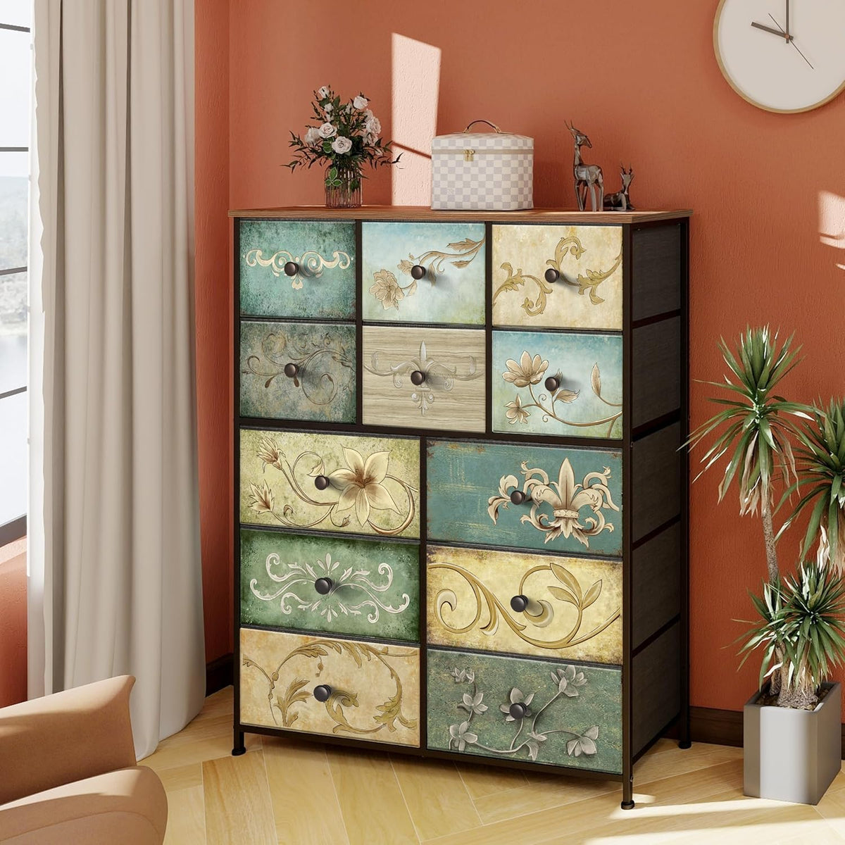 VEDECASA Commode met 12 laden, industriële ladekast, stoffen commode, metalen frame, houten oppervlak, stoffen laden voor woonkamer, kinderkamer, hal, rustiek