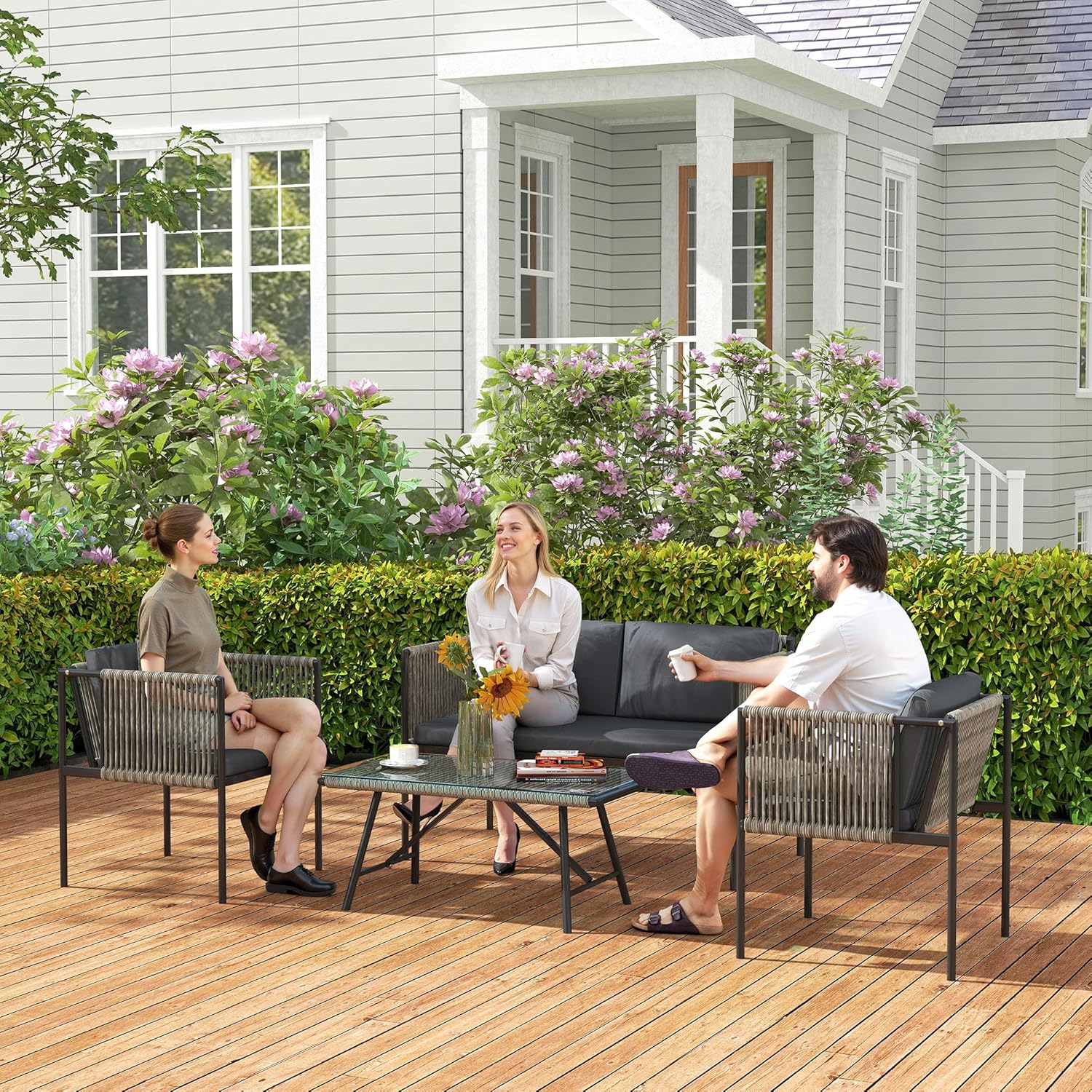 Outsunny Polyrattan Garden Furniture Set with 2-Piece Sofa, Chair, Glass Table, Cushion, Weatherproof, Balcony Furniture for 4 Persons, Outdoor Seating, Patio Furniture for Garden Balcony, Grey - QUORE