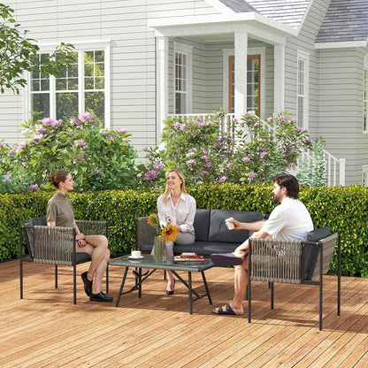 Outsunny Polyrattan Garden Furniture Set with 2-Piece Sofa, Chair, Glass Table, Cushion, Weatherproof, Balcony Furniture for 4 Persons, Outdoor Seating, Patio Furniture for Garden Balcony, Grey - QUORE
