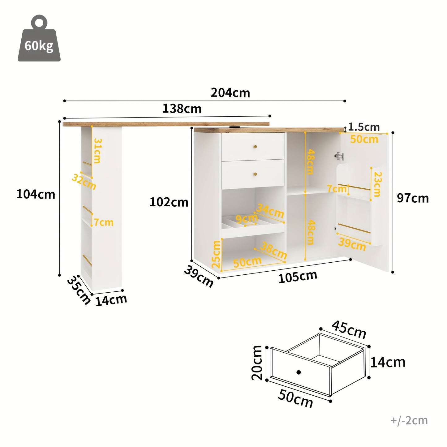 Bartafel – Barmeubel – Statafel – Bistrotafel – Hoektafel – Draaibaar 360° – Met 2 Lades & Opbergruimte – 105x39x102 cm – Wit