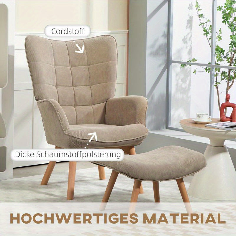 Modern Accent Chair with Ottoman - Ergonomic High-Density Foam Cushion & Hardwood Legs, Multifunctional Lounge Chair with Removable Ottoman, Easy Assembly, Beige/Neutral Tones for Living Room, Bedroom, Hallway - Durable Plast