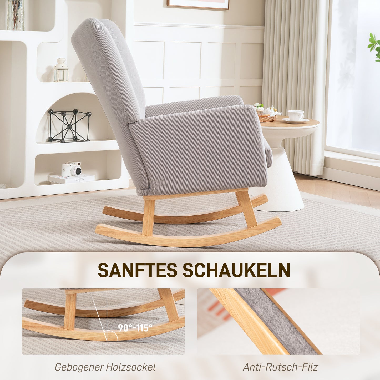 Schommelstoel – Relaxstoel – Fauteuil – Schommel-fauteuil – Loungestoel – Cordstof Bekleding – Rubberhouten Frame – Hoog Rugleuning – Zacht Schuim