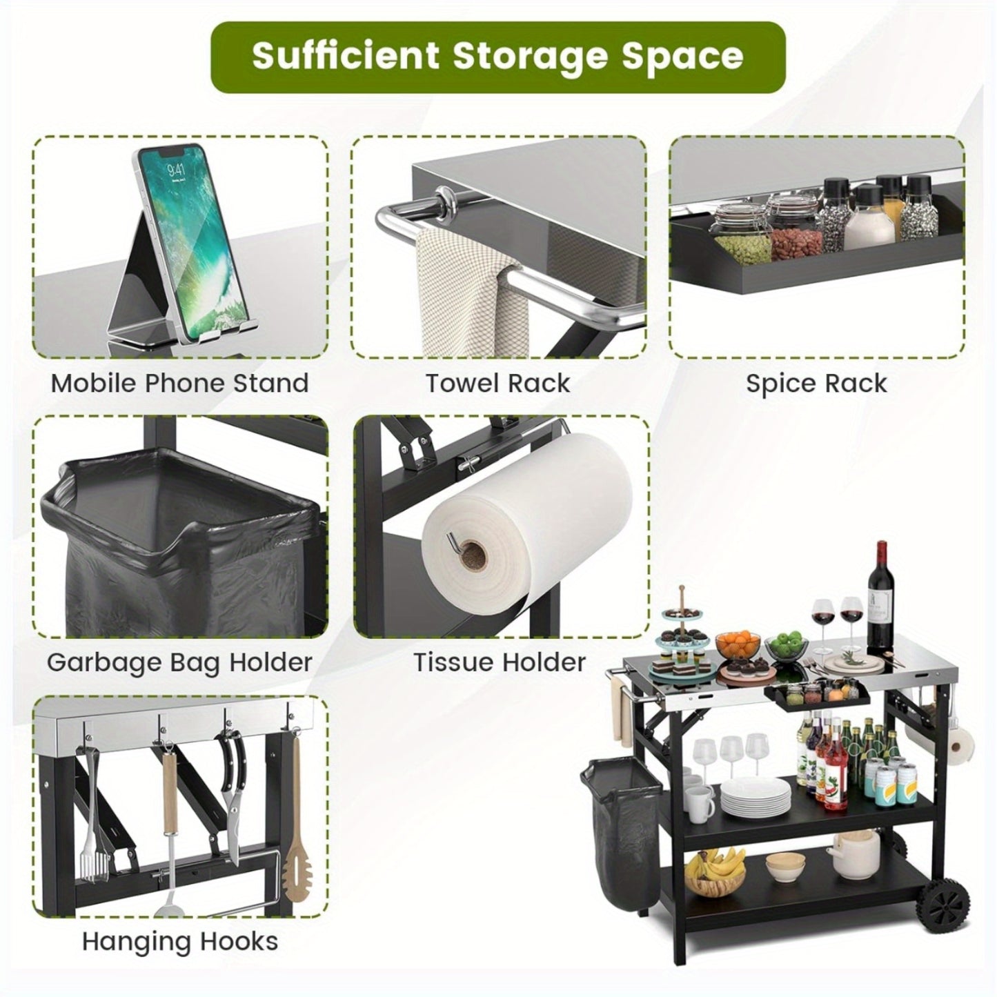 Buitenkeukentrolley – Buitenwagen – BBQ Trolley – Opbergtrolley – Werktafel – Roestvrijstalen Blad – Verstelbare Middenplank – Inklapbaar Met Wielen