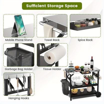 Buitenkeukentrolley – Buitenwagen – BBQ Trolley – Opbergtrolley – Werktafel – Roestvrijstalen Blad – Verstelbare Middenplank – Inklapbaar Met Wielen