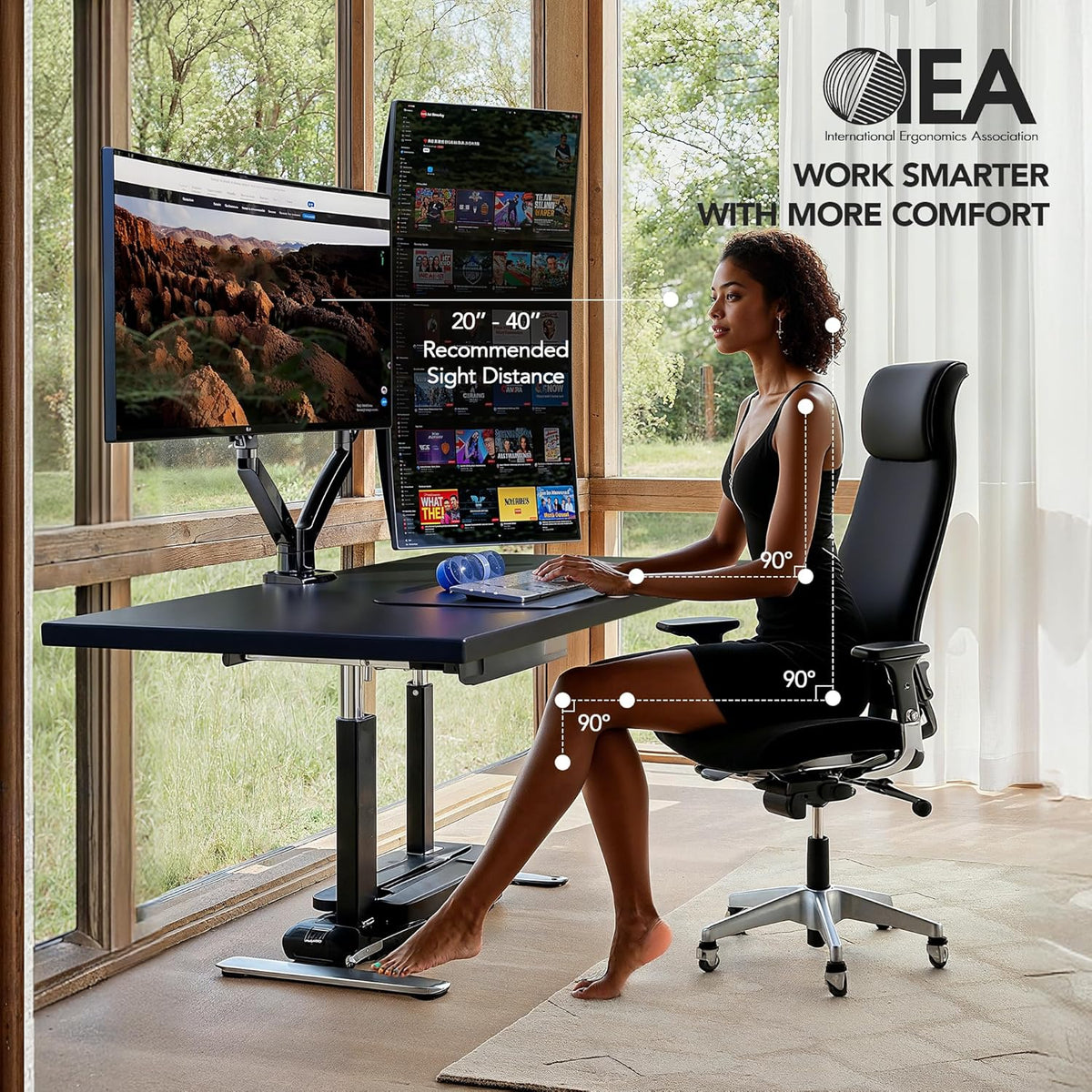 HUANUO Dubbele monitormontagestandaard - lange arm gasveer, 22-35 inch versterkbaar, VESA-beugel met klem, doorvoerbasis - elke arm houdt 12,0 kg vast