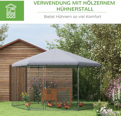 PawHut Hühnerstall 400 x 346 x 263 cm Freilaufgehege aus Stahl, Hühnerkäfig mit Abdeckung, Tür, Hühnergehege für 10-15 Hühner, Kleintiere, Grau - QUORE
