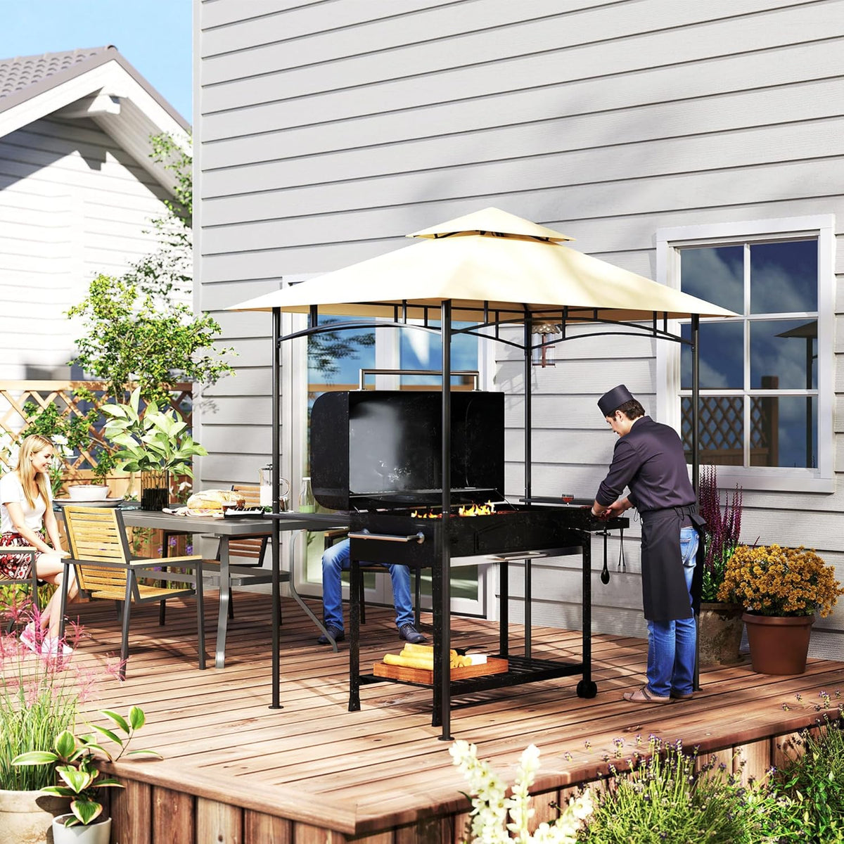 Grillpaviljoen – Barbecue Overkapping – BBQ Tent – Tuinpaviljoen – Grillhut – Dubbellaags Dak – Water- en Vlamvertragend – Met Zijplanken en LED Verlichting – 240x150x258 cm – Stalen Frame