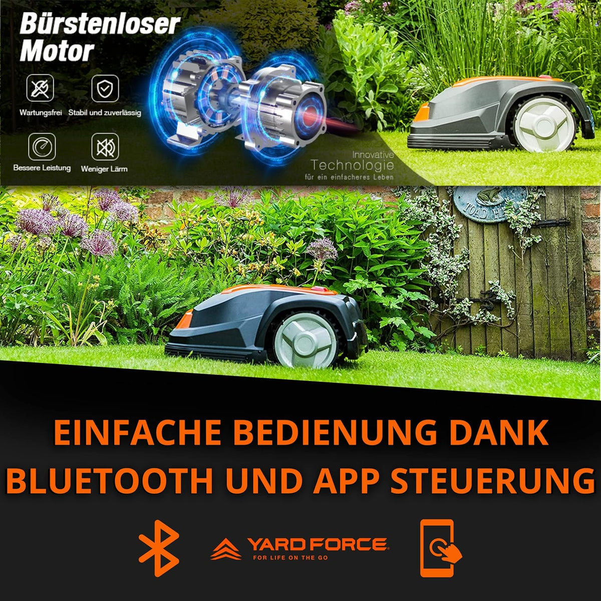 Yard Force FORCE SA650B Robotmaaier, tot 650 m², zelfrijdende grasmaaier, robot met bluetooth en app-bediening, borstelloze motor, 40% helling en 28 V/2,0 Ah lithium-ion accu, 650 m²