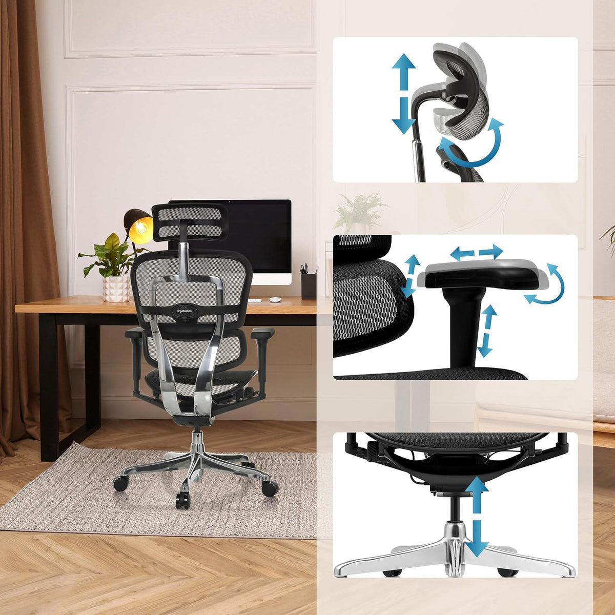 hjh OFFICE Ergonomische Ergohuman Ultra GEN2 Bureaustoel, origineel design, bureaustoel met flexibele lendensteun, netbespanning, zwart