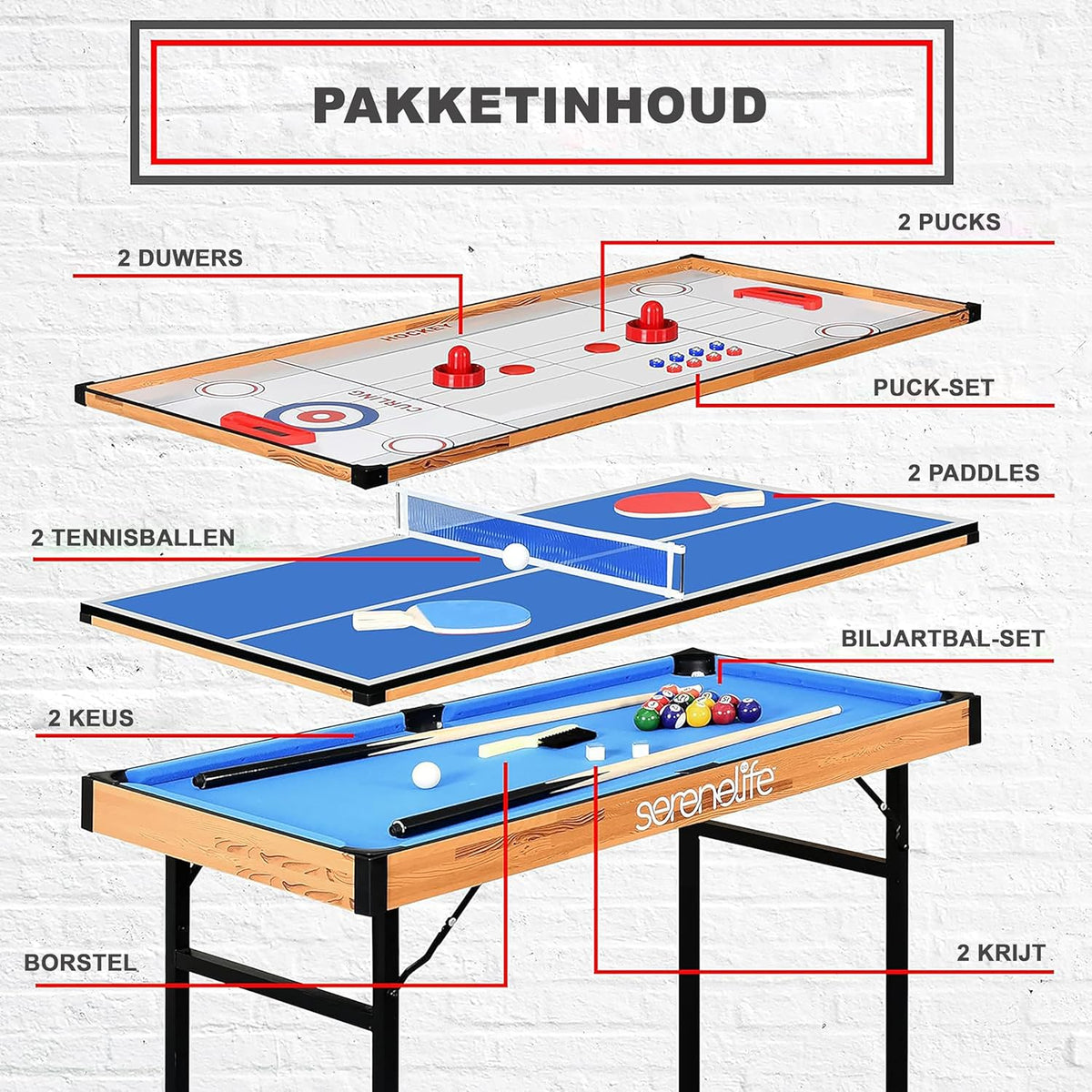 SereneLife Multi Game Table 4-in-1 - Multifunctional Playtable-Foldable Arcade Games with Accessories-Table Tennis-Air Hockey- Pool/Billiards and Shuffleboard-All Age Groups - QUORE