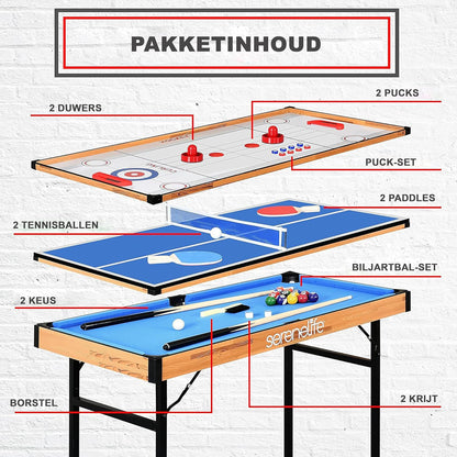 SereneLife Multi Game Table 4-in-1 - Multifunctional Playtable-Foldable Arcade Games with Accessories-Table Tennis-Air Hockey- Pool/Billiards and Shuffleboard-All Age Groups - QUORE