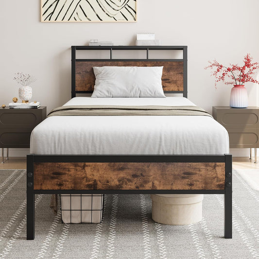 90 x 200 cm dubbel metalen bedframe met modern MDF-hoofdeinde, stevig lattenframe, opslag onder bed, zwart