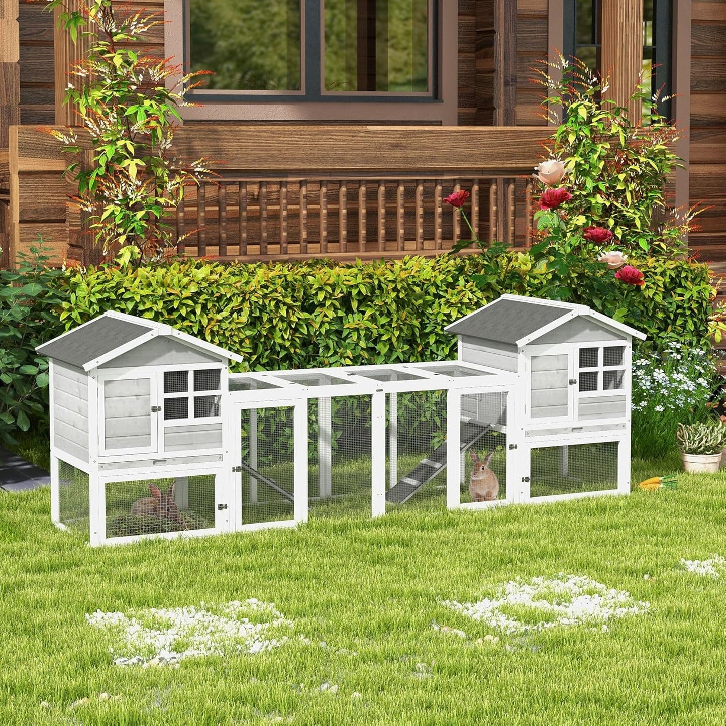 PawHut rabbit hutch combination rabbit hutch XXL hutch for guinea pigs with freewheel driveway two floors for 2-4 rabbits pine wood asphalt 260 x 64 x 92 cm - QUORE