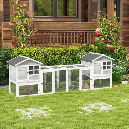PawHut rabbit hutch combination rabbit hutch XXL hutch for guinea pigs with freewheel driveway two floors for 2-4 rabbits pine wood asphalt 260 x 64 x 92 cm - QUORE