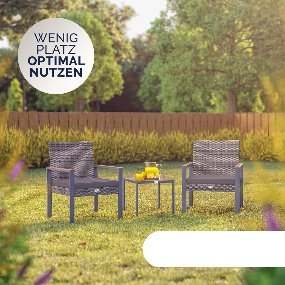 CASARIA® Outdoor Furniture Polyrattan Set Weatherproof 2 Chairs Table Cushions Load Up to 160 kg Adjustable Terrace Balcony Furniture Lounge Acacia Wood Grey - QUORE