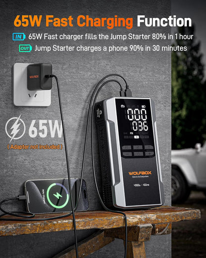 WOLFBOX 4000A Jump Starter met 160PSI luchtcompressor, 12V auto-accubooster, 65W snel opladen, 24000mAh draagbare bandenpomp, LED-display voor 10L gas- en 10L-dieselmotoren, LED-licht, jumperkabels