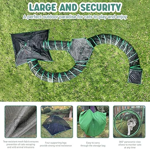 6-in-1 Kattentent - Kattenverblijf - Kattententen - Opvouwbaar - Draagbare Catiotent - met 1 Koepeltent - 3 Tunnelen - 3 Tenten - Buitenkattenbox - voor Katten - Konijnen - Andere Dieren - Polyester - Zwart/Groen