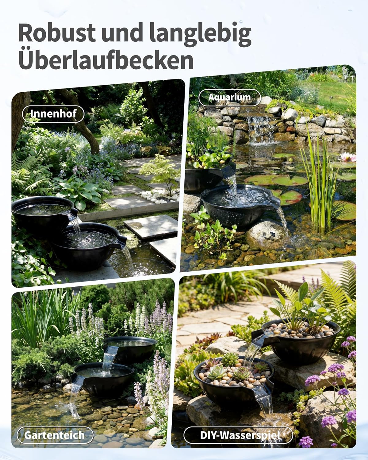 POPOSOAP Overloopschaal en bekkenfonteinset, overloopfontein met 2500 l/h vijverpomp voor watervallen, indoor/outdoor, doe-het-zelf waterfunctie, vijver, tuin