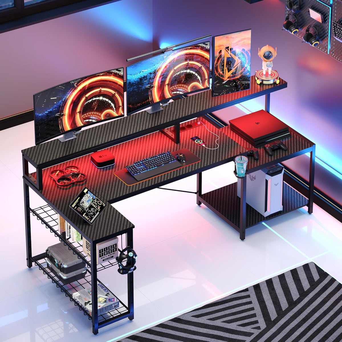 Bestier Gamingtafel, 181 cm, gamingbureau met ledverlichting, pc-tafel, gaming met 3 AC-stopcontacten en 2 USB-oplaadaansluitingen, computertafel met royale monitorplank