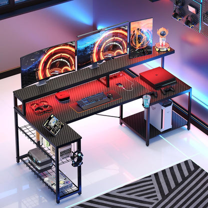 Bestier Gamingtafel, 181 cm, gamingbureau met ledverlichting, pc-tafel, gaming met 3 AC-stopcontacten en 2 USB-oplaadaansluitingen, computertafel met royale monitorplank
