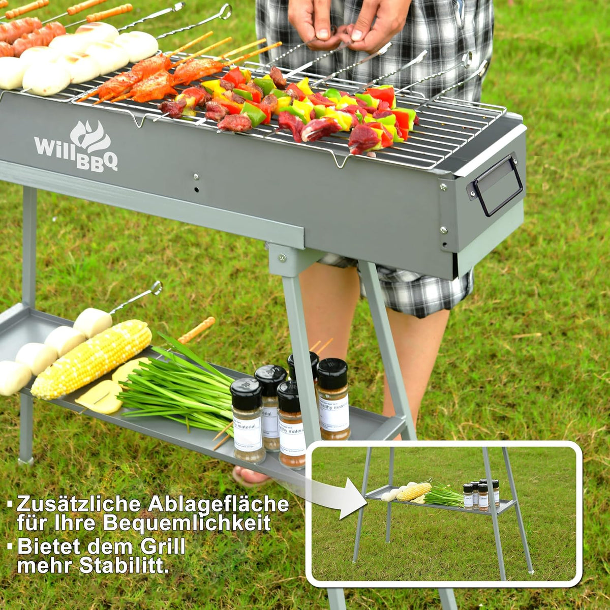 WILLBBQ Commerciële kwaliteit draagbare houtskoolgrills meerdere maten Hibachi BBQ lamspies gevouwen camping barbecue grill voor tuin achtertuin feest picknick reizen buiten koken gebruik (80 x 18 x