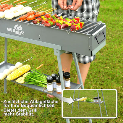 WILLBBQ Commerciële kwaliteit draagbare houtskoolgrills meerdere maten Hibachi BBQ lamspies gevouwen camping barbecue grill voor tuin achtertuin feest picknick reizen buiten koken gebruik (80 x 18 x