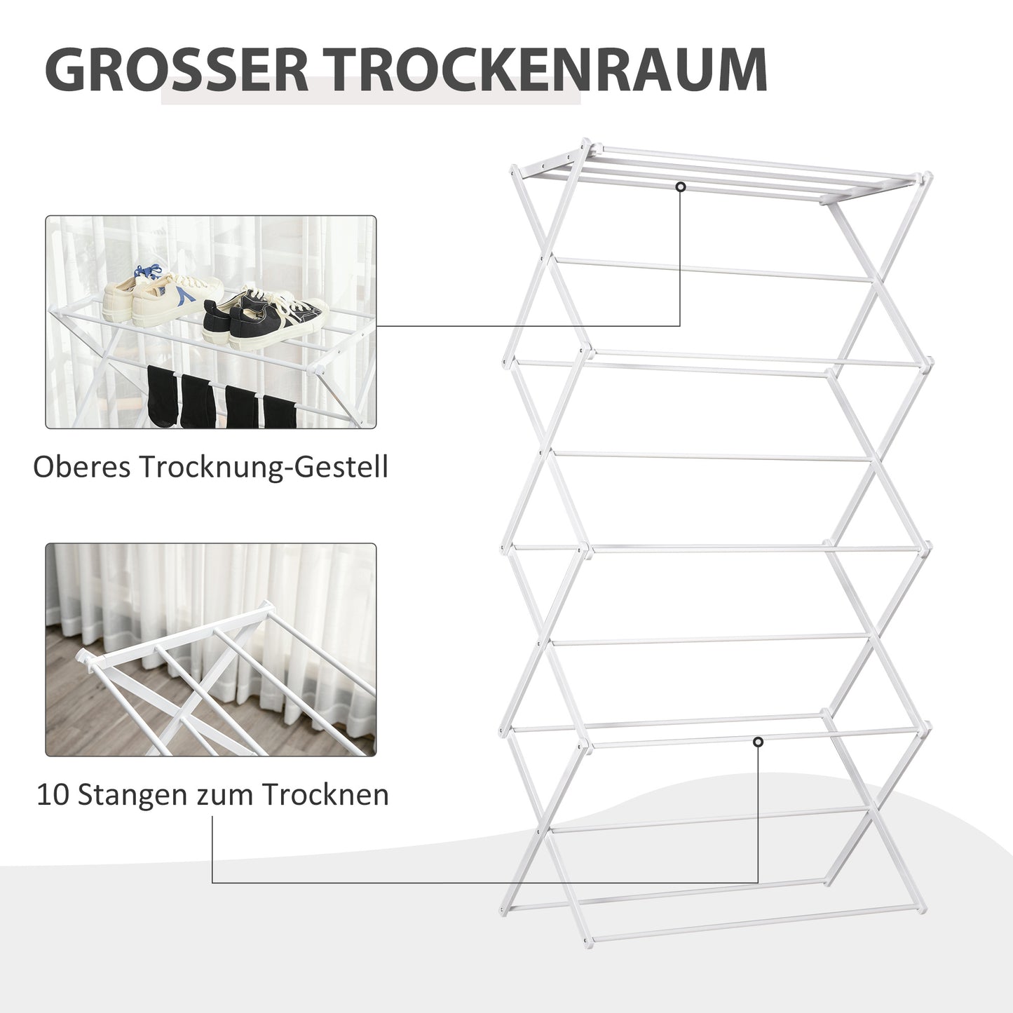 Wasrek 8 Laags – Droogtoren – Kledingrek – Droogrek – Wasstandaard – Inklapbaar – Ruimtebesparend Design – Metaal Kunststof Wit
