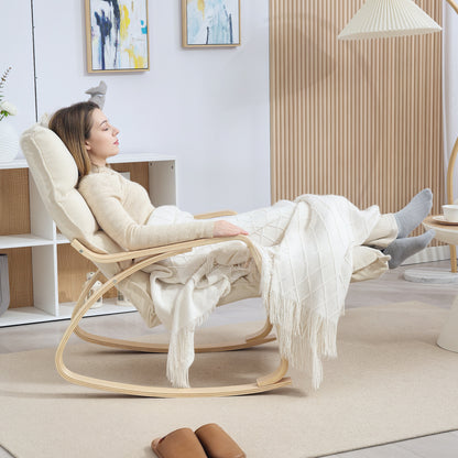 Schommelstoel – Relaxstoel – Fauteuil – Voedingsstoel – Loungestoel – Gestoffeerd – Verstelbare Voetsteun – Birkenhouten Frame – Crème Wit