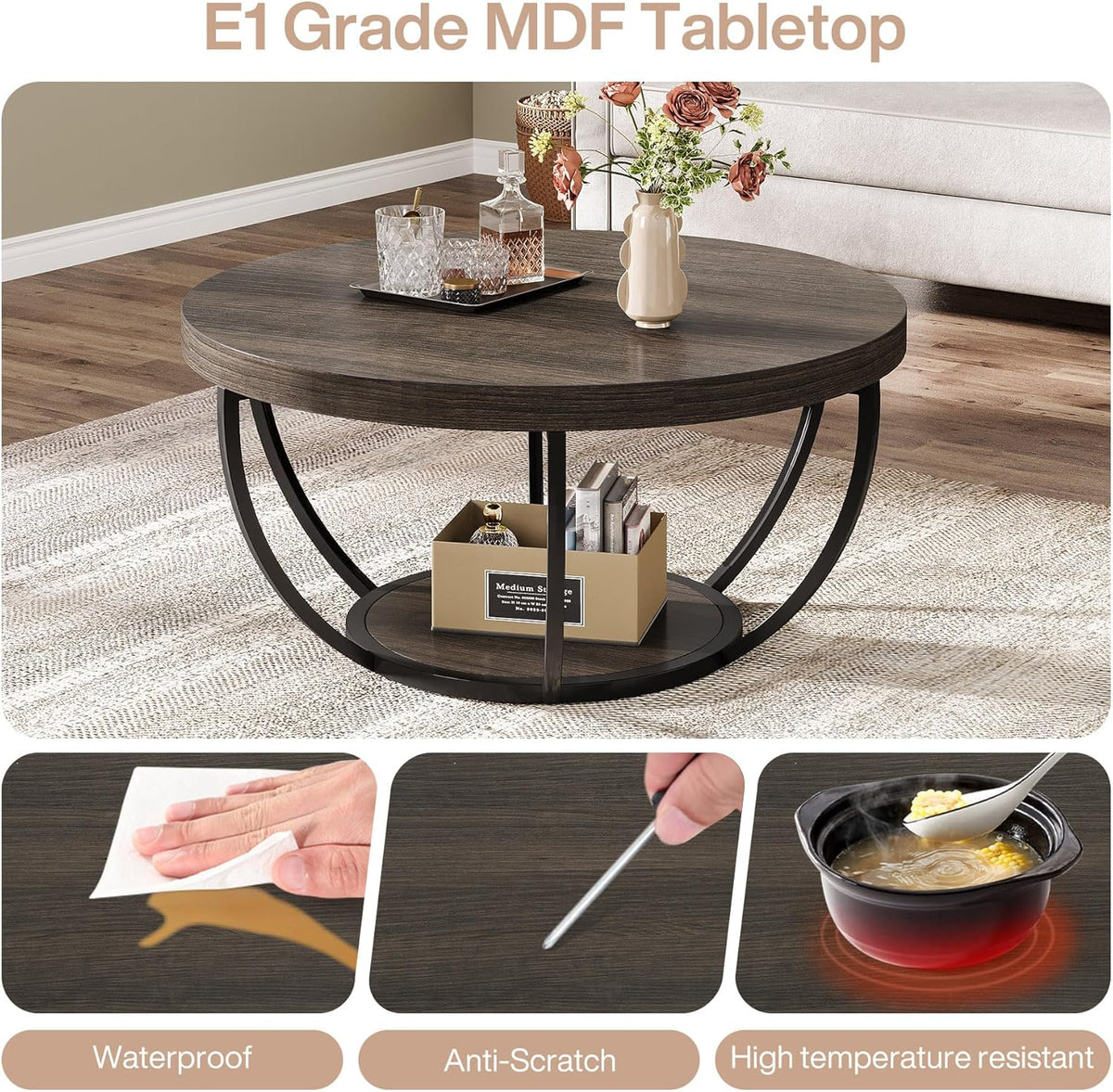 Tribesigns Round Coffee Table, 80.5cm Wooden 2-Tier Circle Coffee Table with Storage Shelves, Modern Accent Cocktail Table Center Table for Living Room, Grey