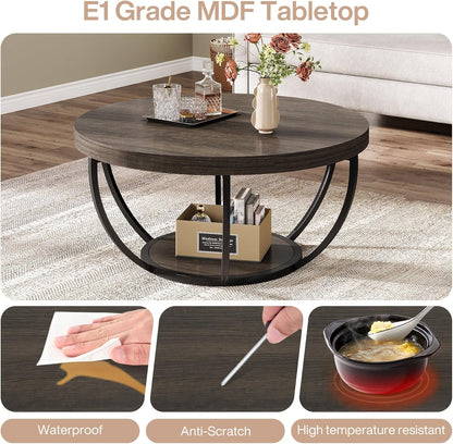 Tribesigns Round Coffee Table, 80.5cm Wooden 2-Tier Circle Coffee Table with Storage Shelves, Modern Accent Cocktail Table Center Table for Living Room, Grey