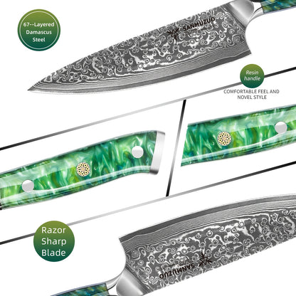 Koksmes – Keukenmes – Chefmes – Schilmes – Universeel Mes – VG10 Damascus Staal – Niet-Getand – Resin Handvat – 2-delige Set – Professioneel