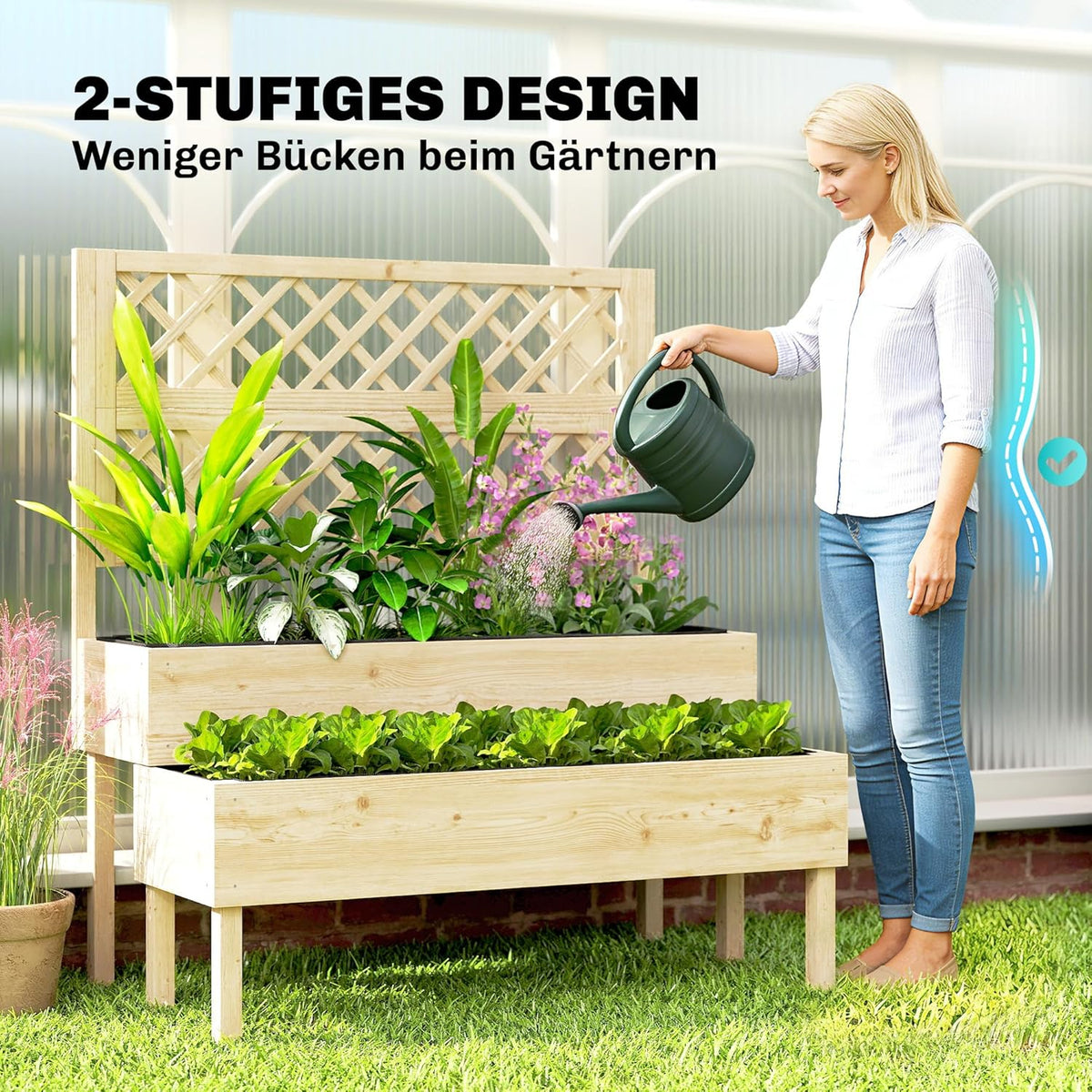 Outsunny Raised Planter with Trellis, 2-Step Flower Box with 2 Planters, Felt Fabric, Wooden Planter for Climbing Planters, Garden 108 x 62 x 120 cm