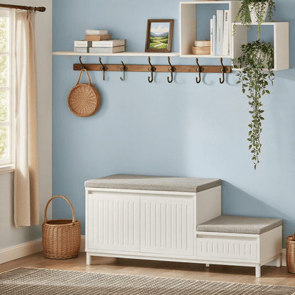 Schoenenbank – Schoenenrek – Schoenenkast – Opbergbank – Halbank – Wit MDF – 100x35x42 cm – 2 Zitkussens & Lade – Geschikt voor 6-8 Paar Schoenen