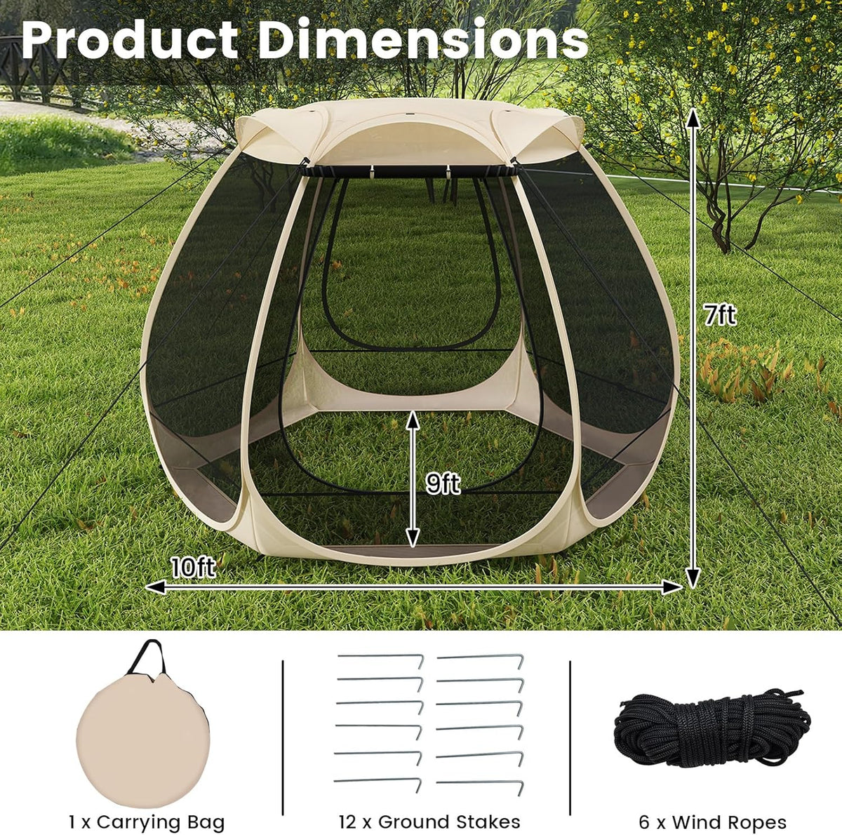 FANTASK Pop-up-tent, opvouwbaar paviljoen met rondom mesh en draagtas en zonnedak, zonnedak voor 4-6 personen, campingtent, schermhuis voor tuin, terras, achtertuin